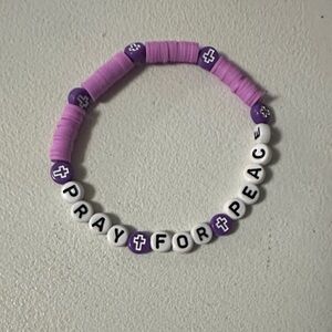 Pray for Peace Purple and White Clay Beaded Bracelet